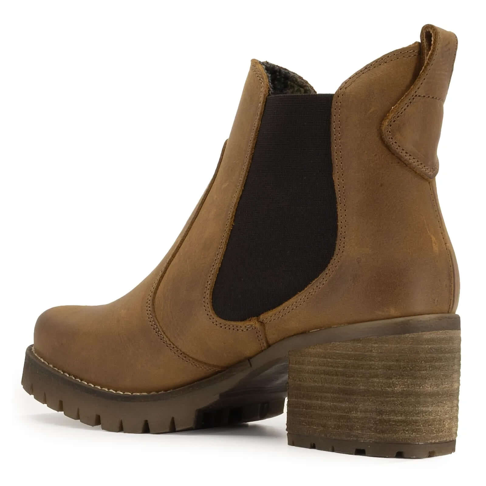 rear angled view of cognac oak & hyde kensington 2 ankle boots showing stacked block heel and pull tab