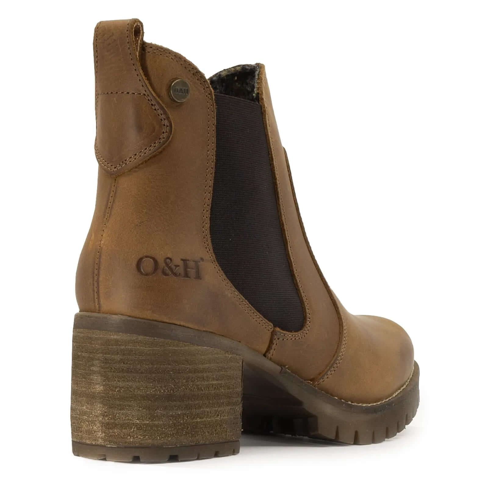 rear view of cognac oak & hyde kensington 2 chelsea boots showing heel detail and oak & hyde branding