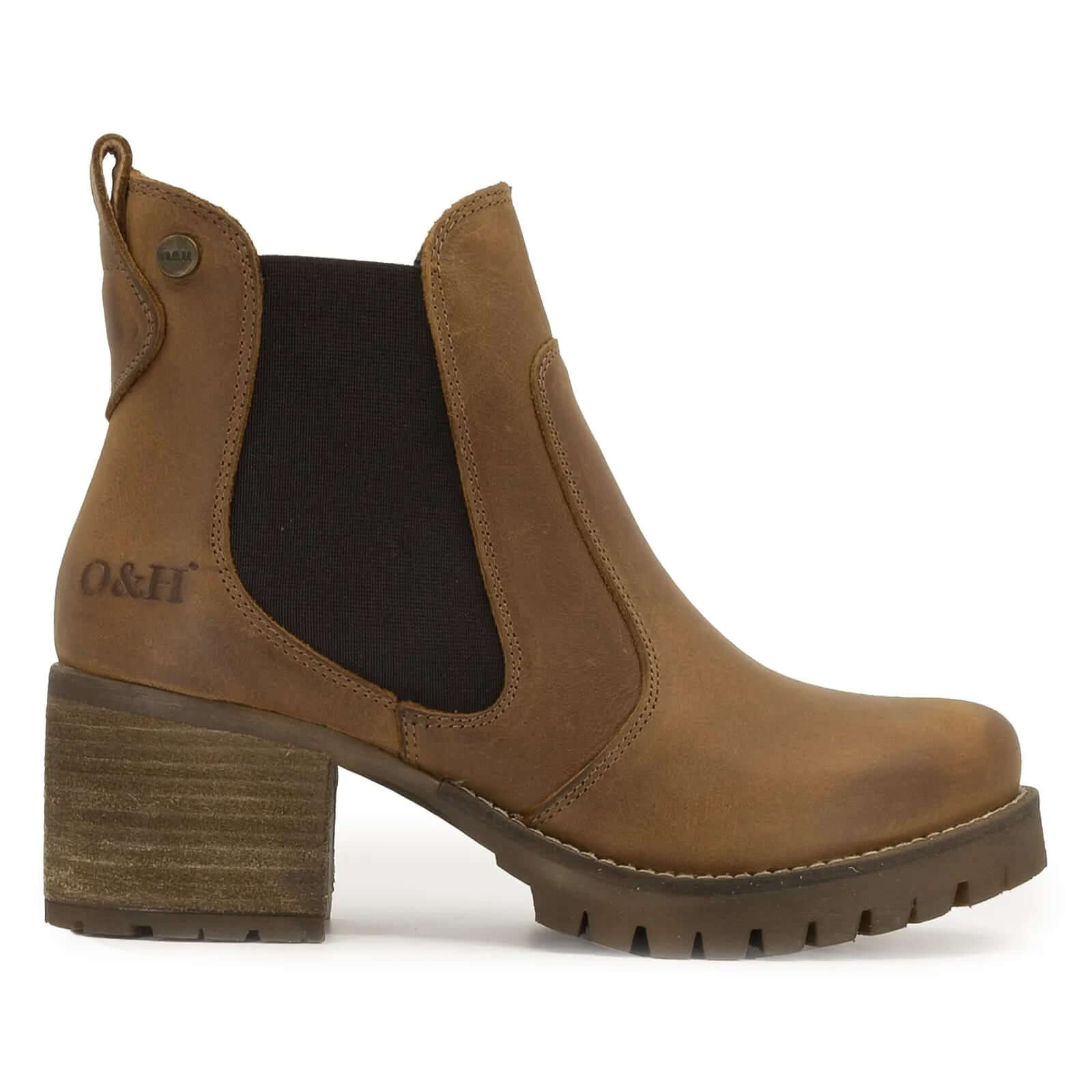 side profile of cognac oak & hyde kensington 2 chelsea ankle boots with block heel and elastic side panel