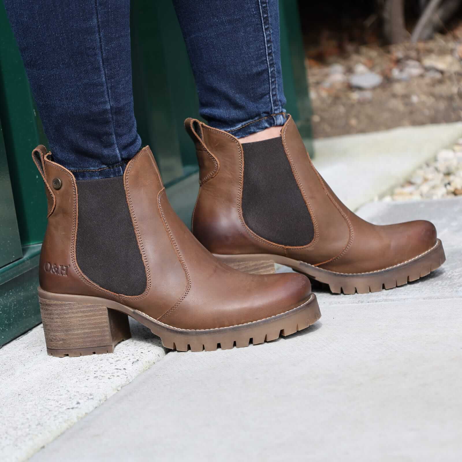 dark brown oak & hyde kensington 2 chelsea boots worn with jeans outdoors on stone pavement