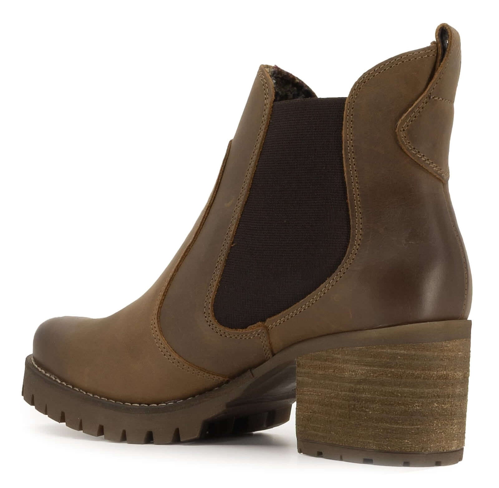 rear angled view of dark brown oak & hyde kensington 2 chelsea ankle boots showing stacked block heel and pull tab