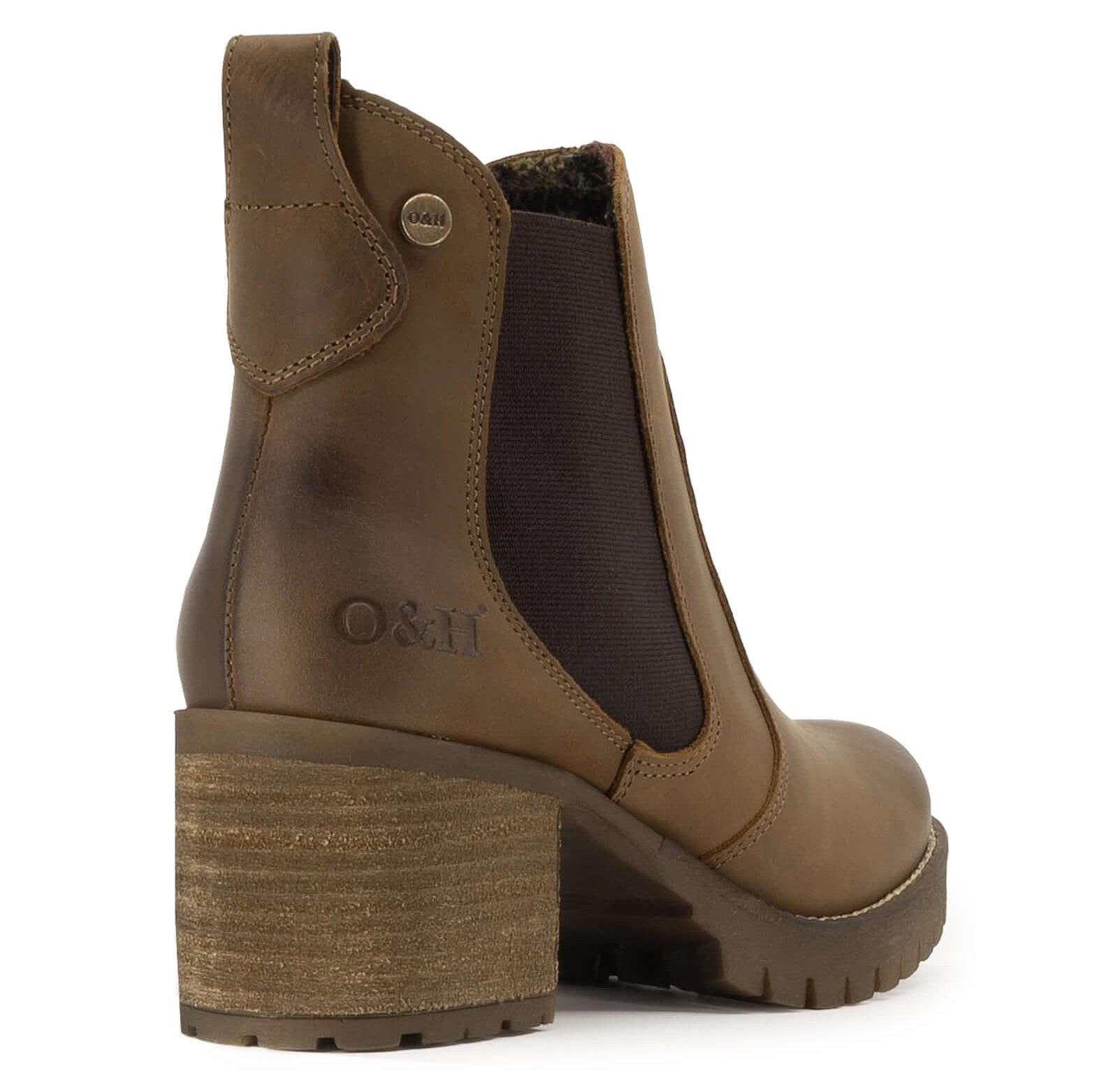 rear view of dark brown oak & hyde kensington 2 chelsea boots showing heel detail and oak & hyde branding