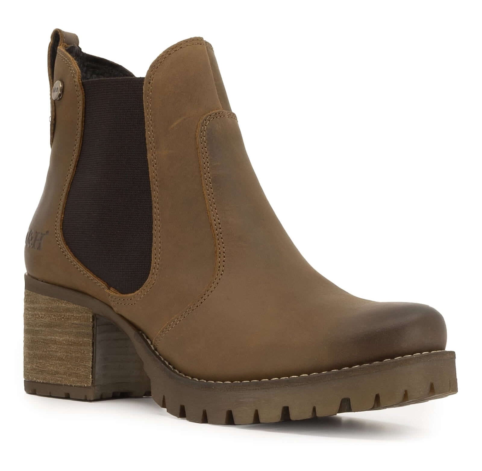 angled front view of dark brown oak & hyde kensington 2 chelsea boots showing rounded toe and chunky tread sole