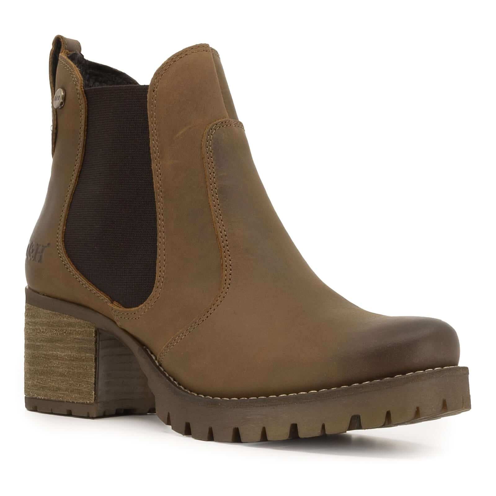 angled front view of dark brown oak & hyde kensington 2 chelsea boots showing rounded toe and chunky tread sole