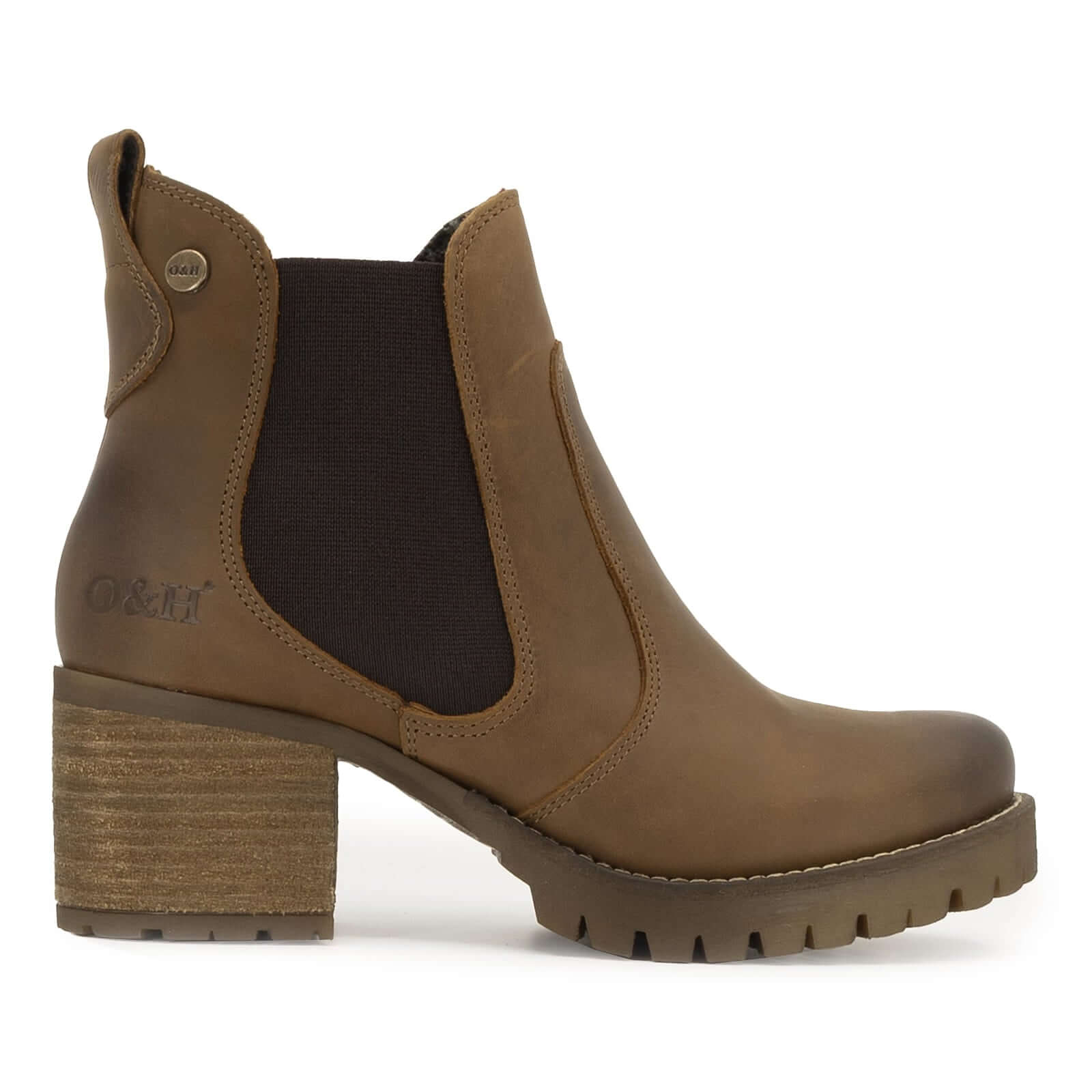 side profile of dark brown oak & hyde kensington 2 chelsea ankle boots with block heel and elastic side panel