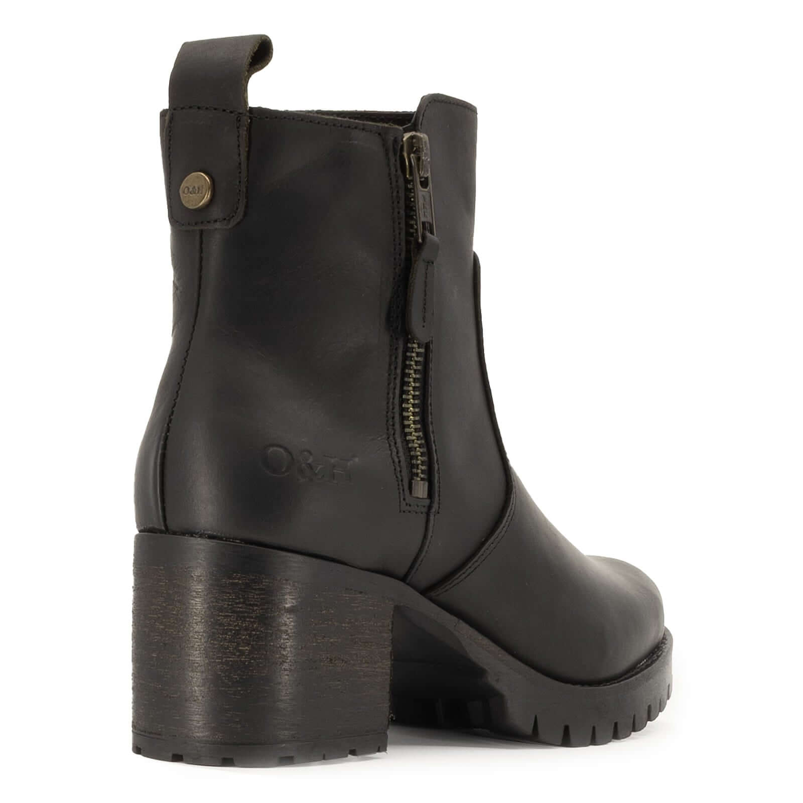 rear view of black oak & hyde kensington zip boots showing heel structure and oak & hyde branding