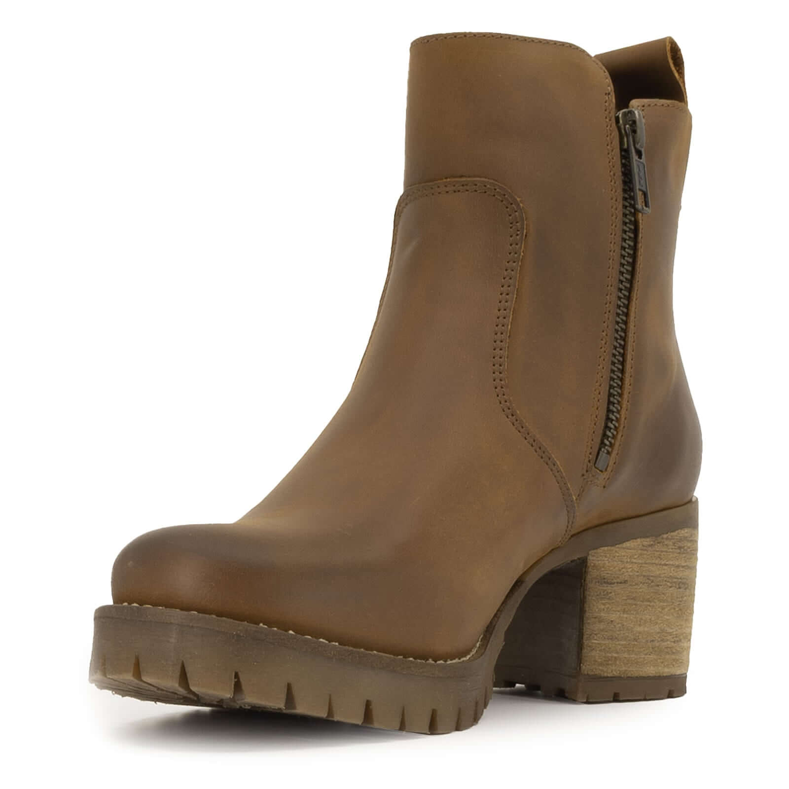 inner side view of dark brown oak & hyde kensington zip ankle boots highlighting leather upper and zip closure