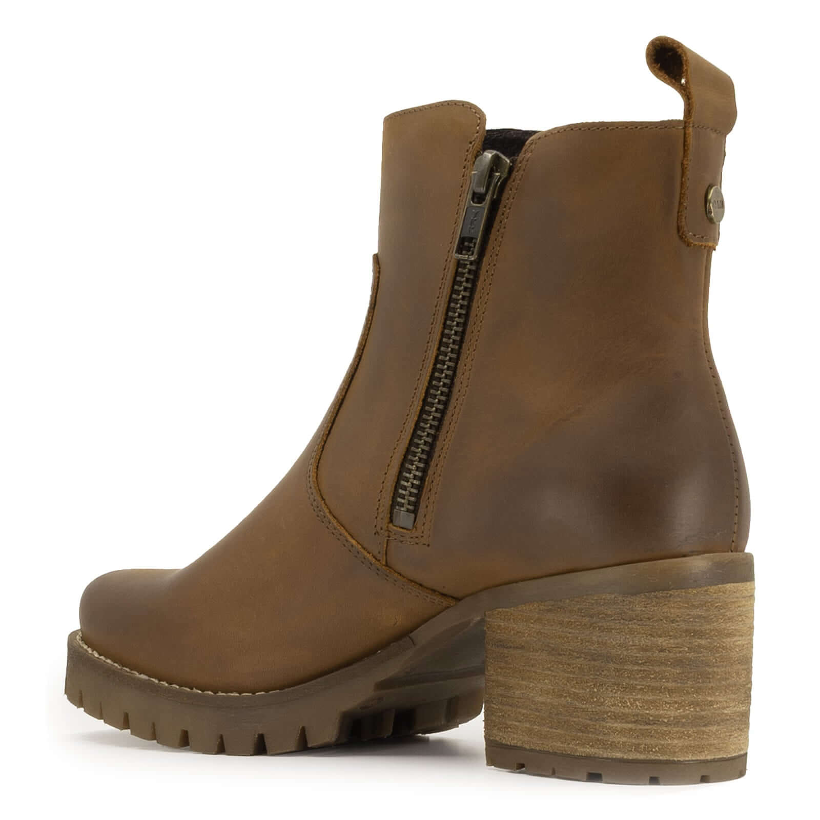 rear angled view of dark brown oak & hyde kensington zip boots showing stacked block heel and back pull tab