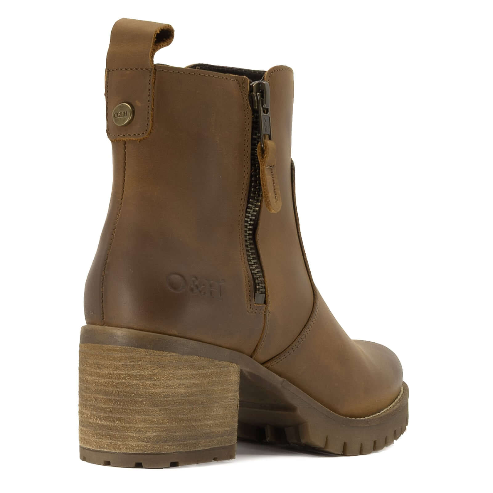 rear view of dark brown oak & hyde kensington zip ankle boots showing heel detail and oak & hyde branding
