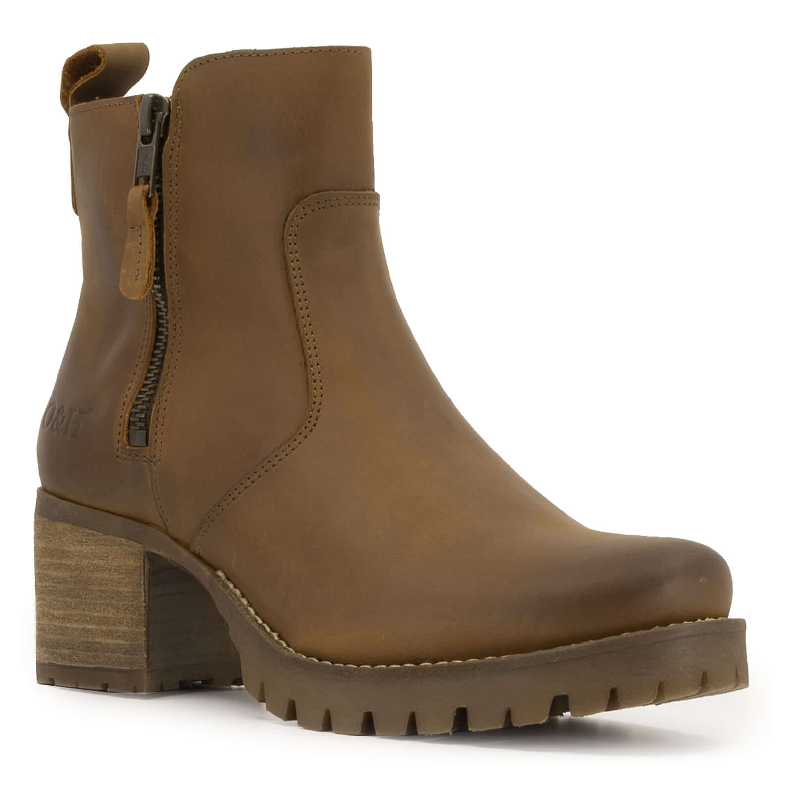 angled front view of dark brown oak & hyde kensington zip boots showing rounded toe and chunky tread sole