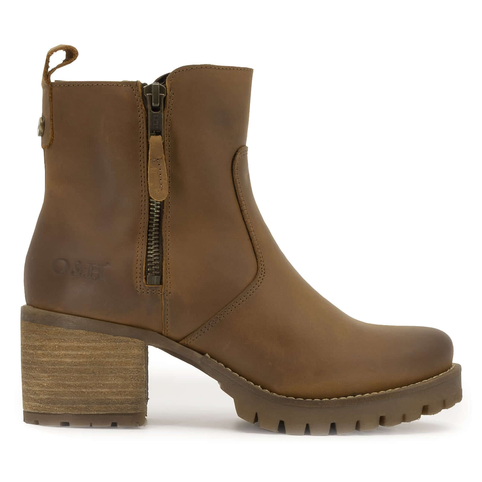 side profile of dark brown oak & hyde kensington zip ankle boots with block heel and inside zip fastening