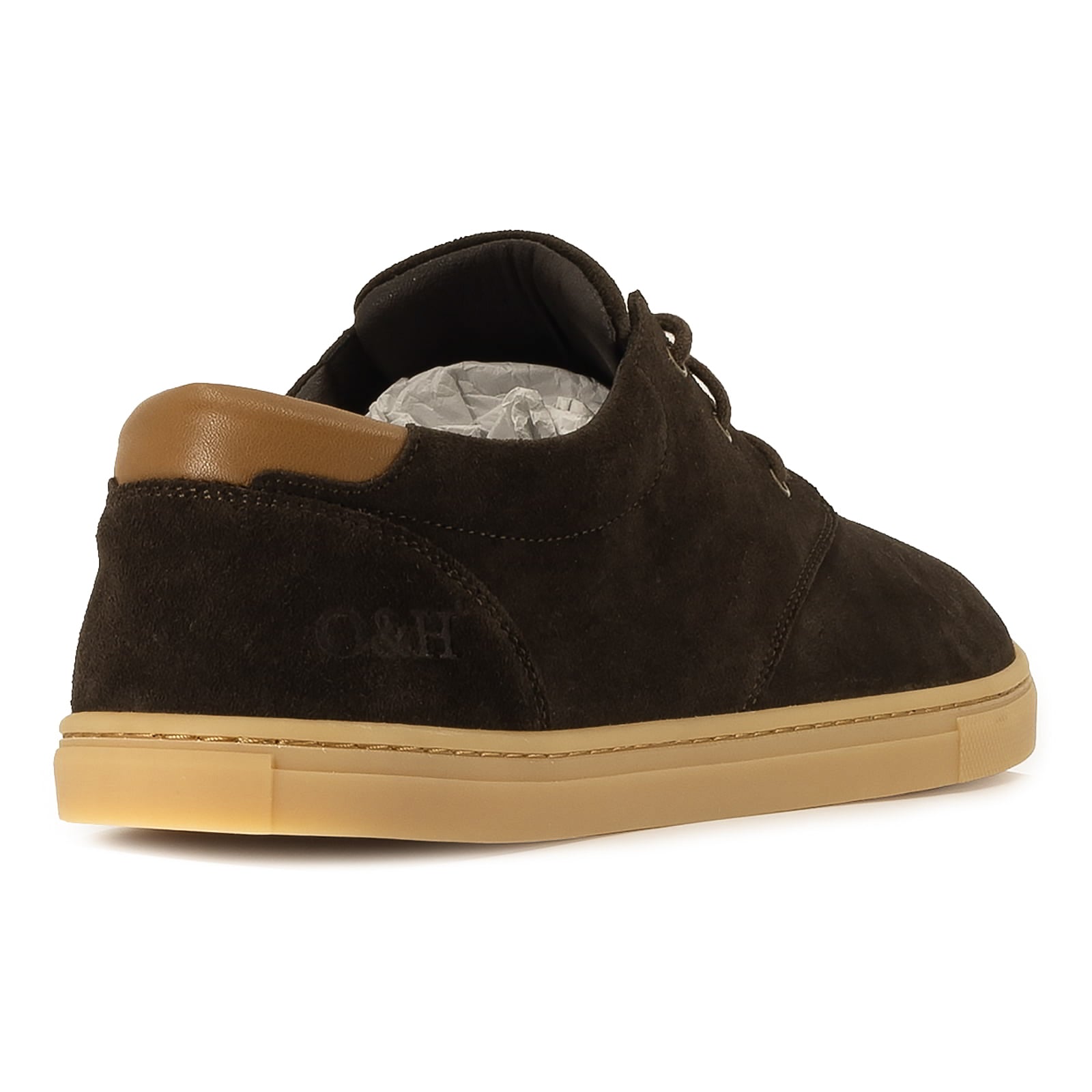rear view of dark brown oak & hyde lawson barefoot shoes showing heel panel and barefoot profile