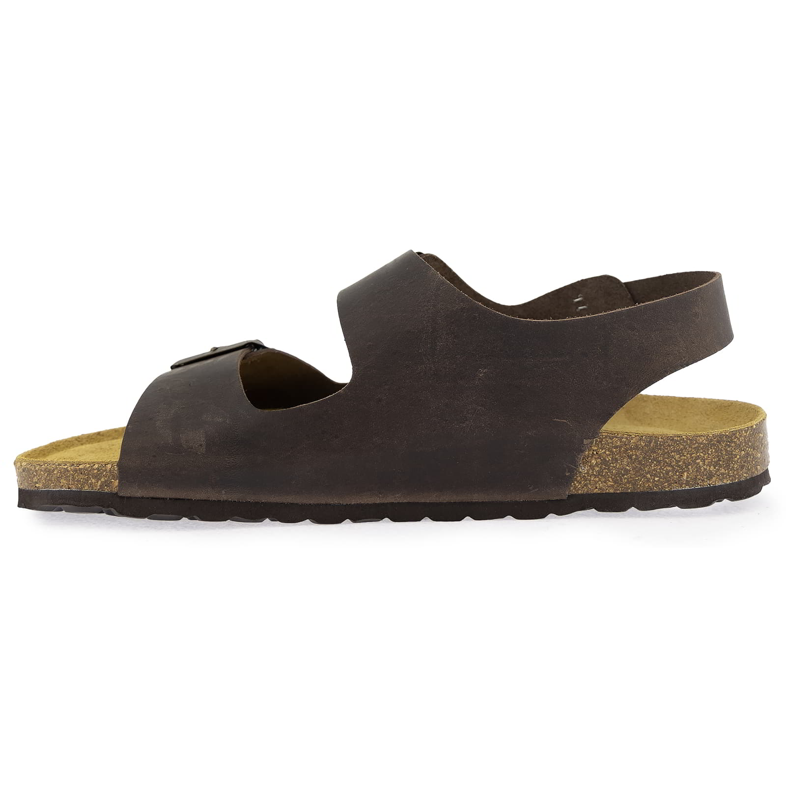 Dark brown leather fisherman sandal in side profile with slingback strap and cork sole