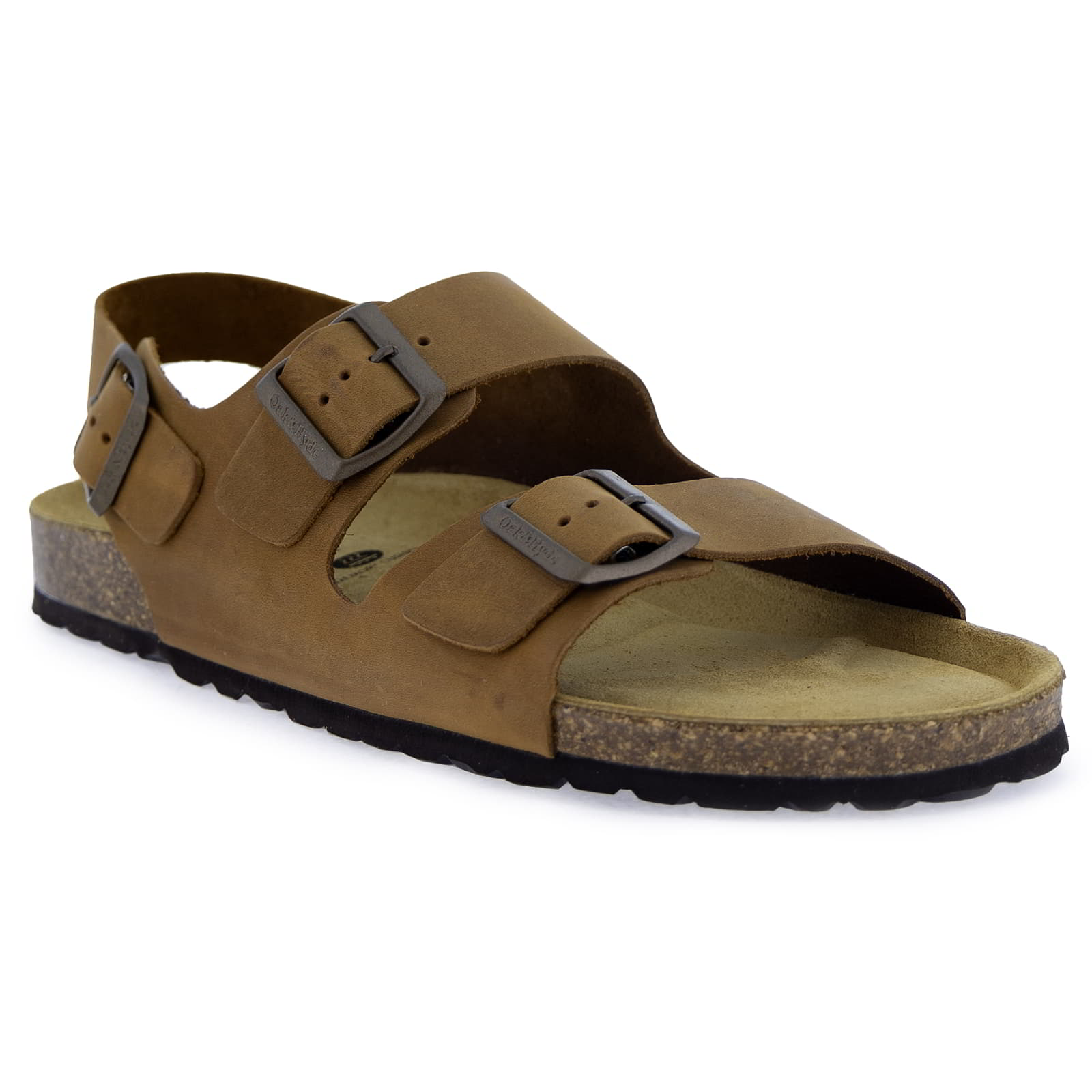 Tan leather fisherman sandal viewed from the front and side with cork footbed
