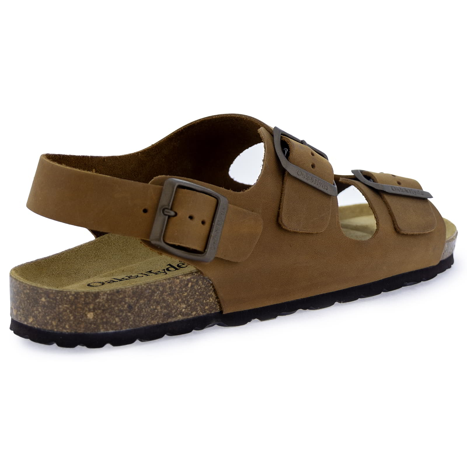 Rear three-quarter view of tan leather fisherman sandal showing heel strap and cork footbed