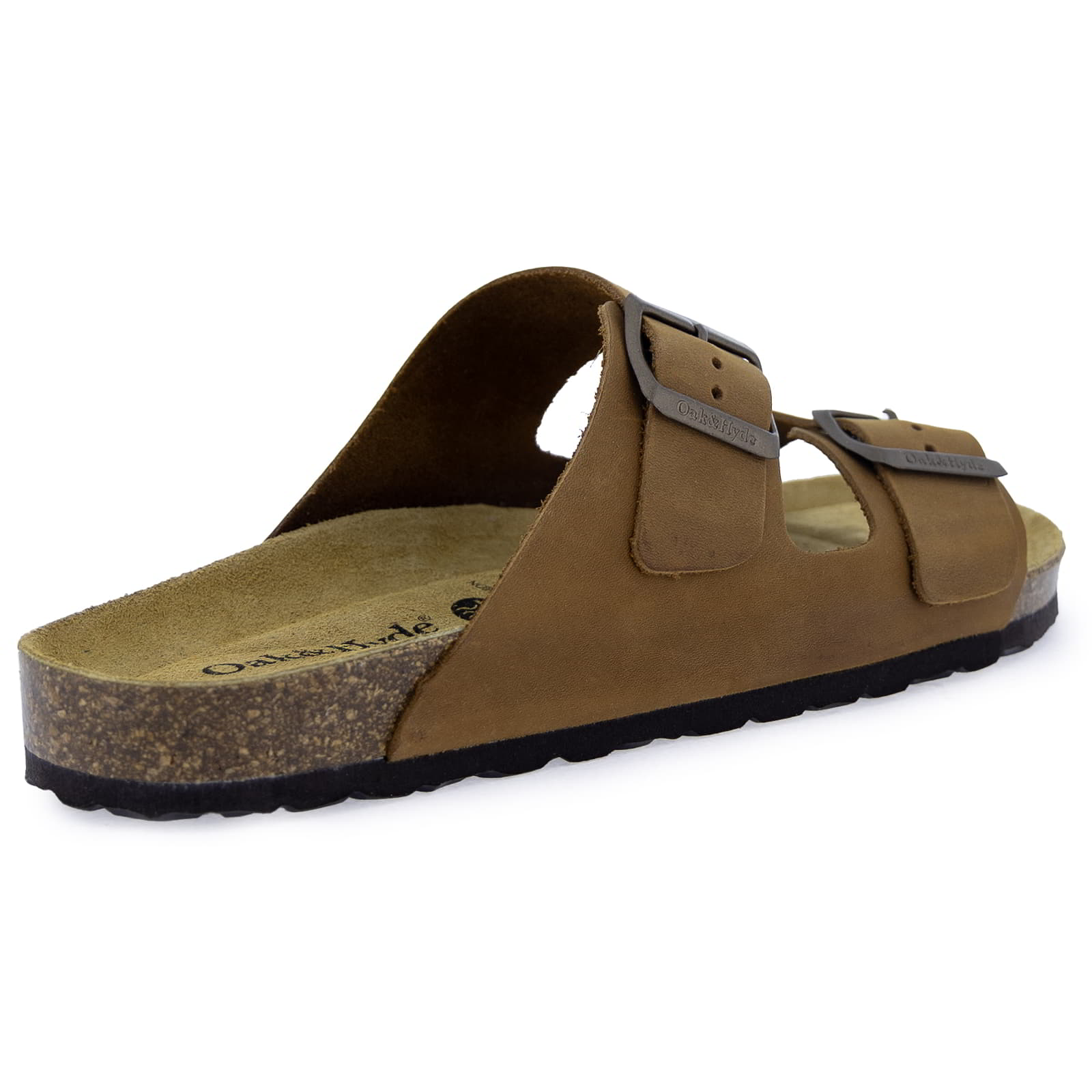 Rear three-quarter view of tan leather fisherman sandal showing cork footbed and heel shape