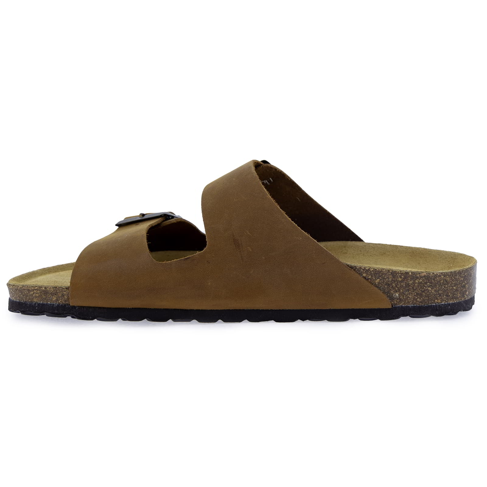 Tan leather fisherman sandal shown from the side with contoured cork sole