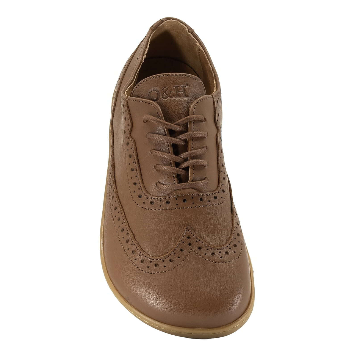 top view of maple brogue barefoot shoes in tan showing the toe box shape