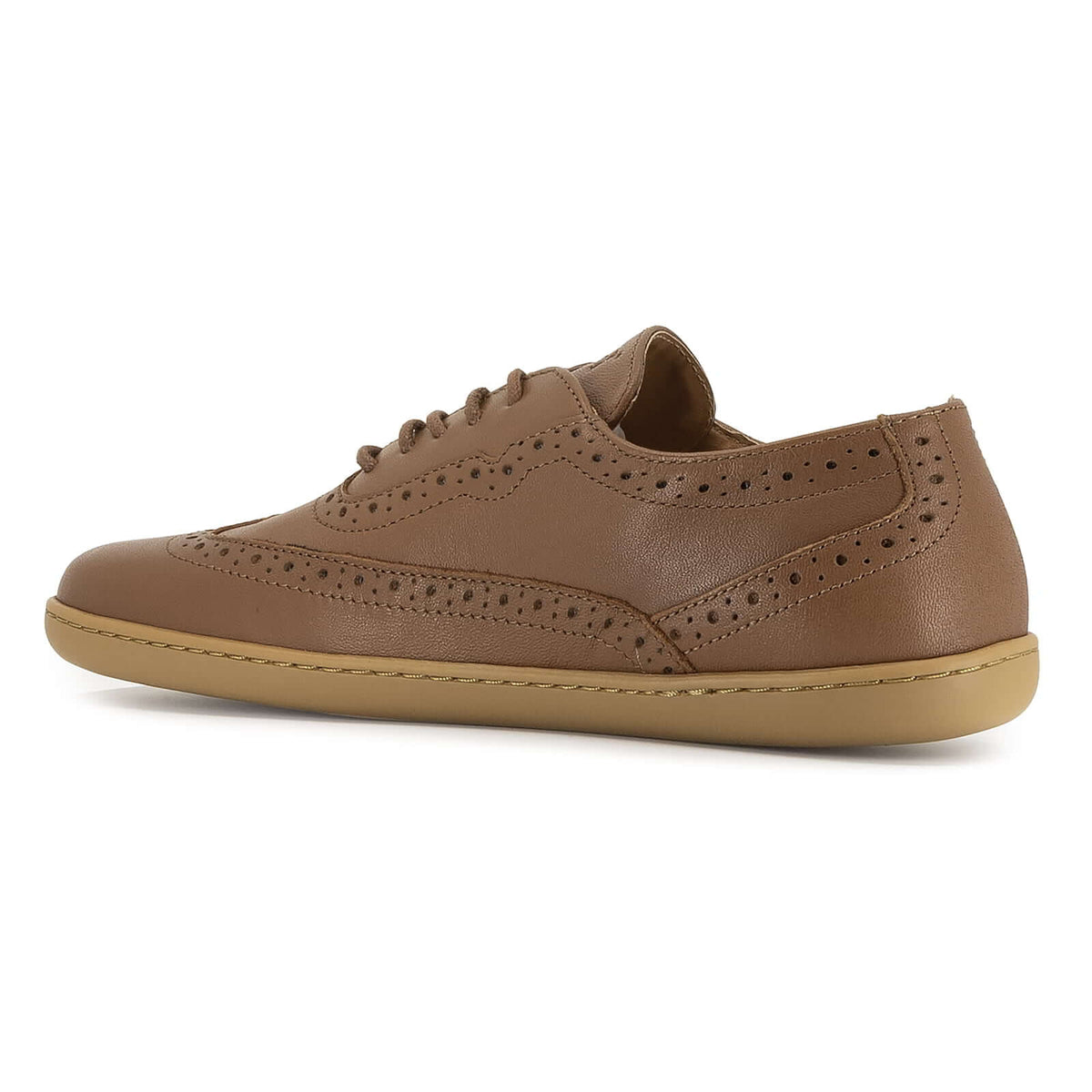 inside angled view of maple brogue barefoot shoes in tan showing brogue pattern detail
