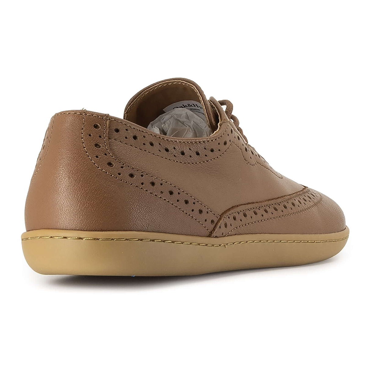 heel view of maple brogue barefoot shoes in tan showing heel panel detail