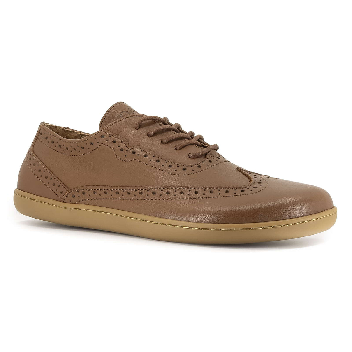 side angled view of maple brogue barefoot shoes in tan showing from lace and brogue detailing