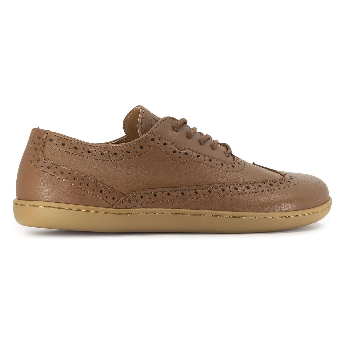 side profile view of maple tan brogue barefoot shoes showing leather upper