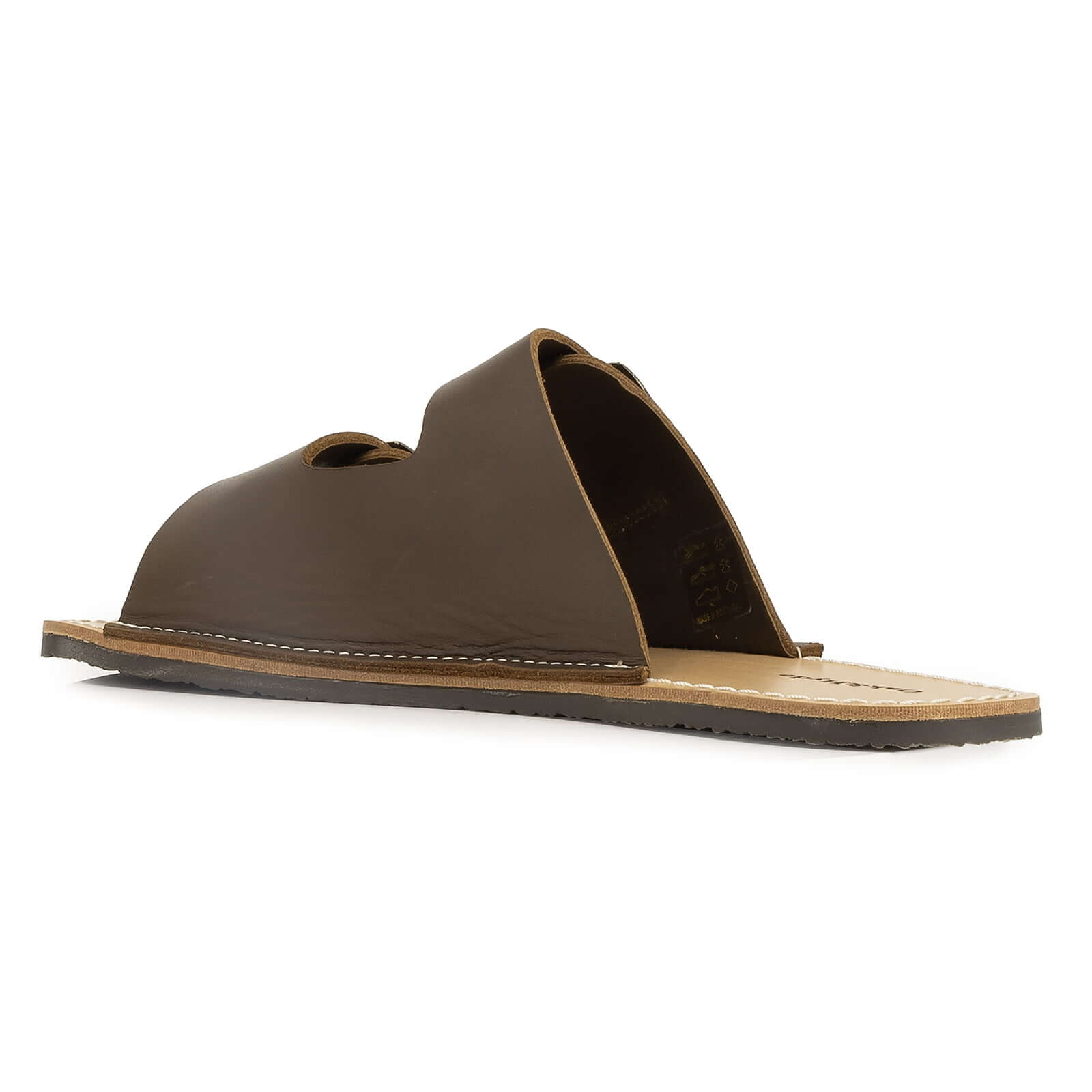 inside angled view of mens dark brown acacia sandals showing upper strap