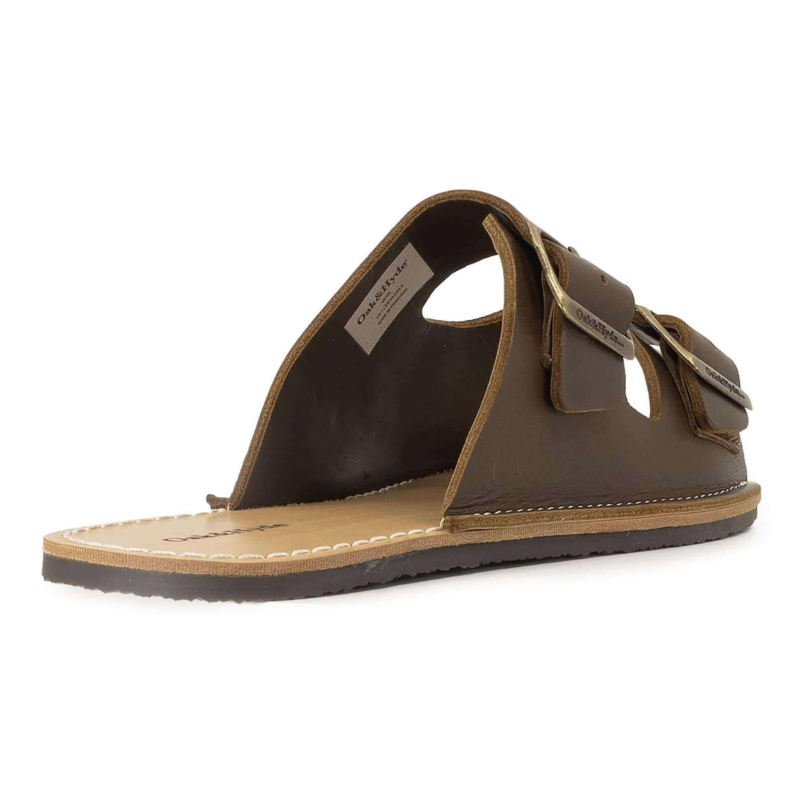 heel view of mens acacia barefoot sandals in dark brown showing the slide on design