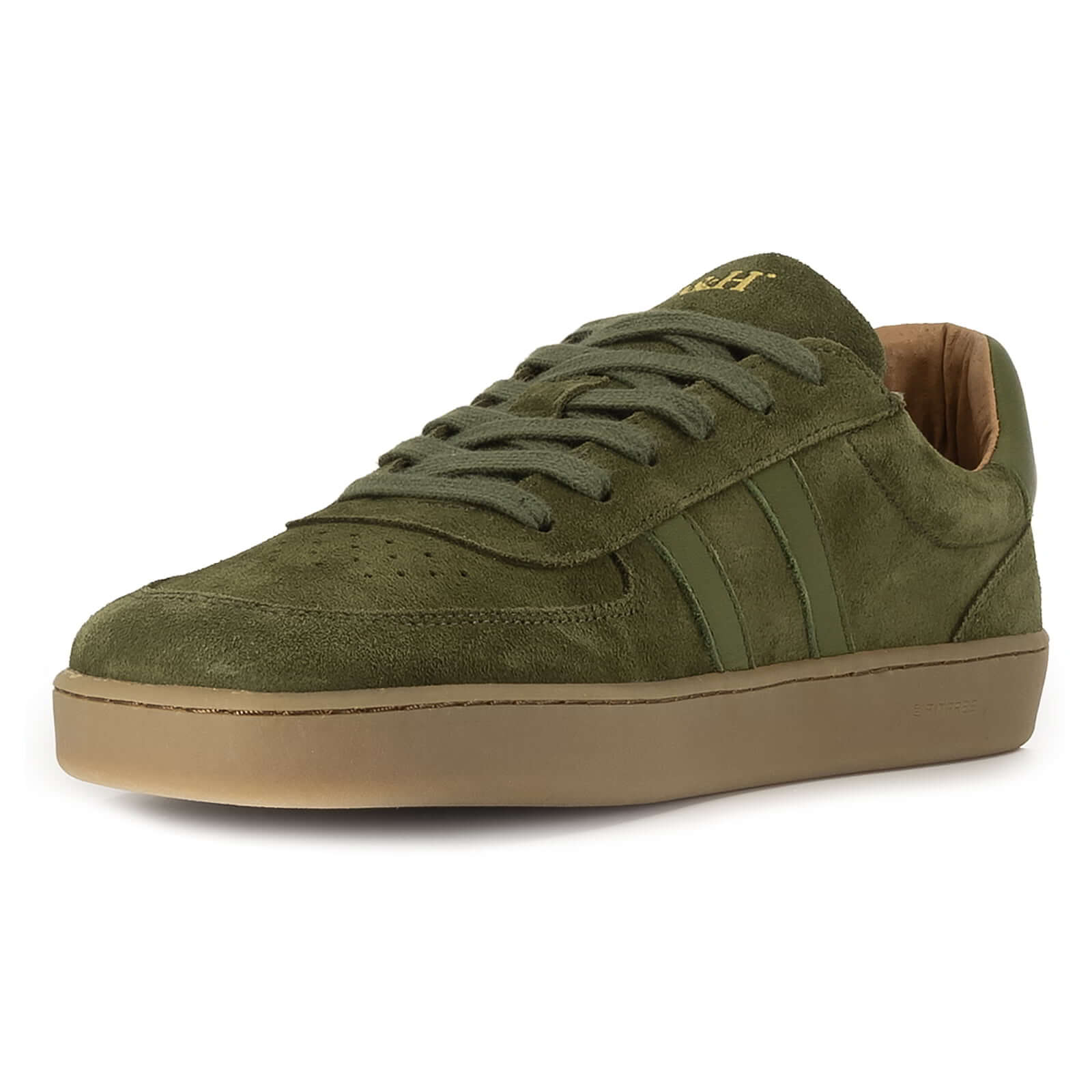 view of front of mens larch barefoot trainers in green showing laces on front