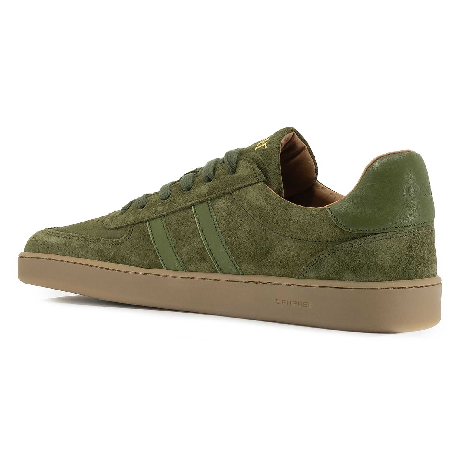 Inside angled view of mens Larch barefoot trainers in green showing logo on heel