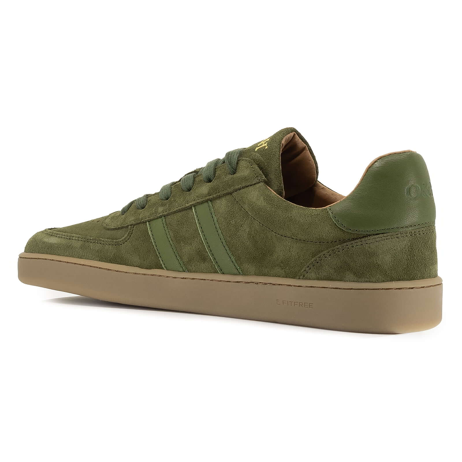 Inside angled view of mens Larch barefoot trainers in green showing logo on heel