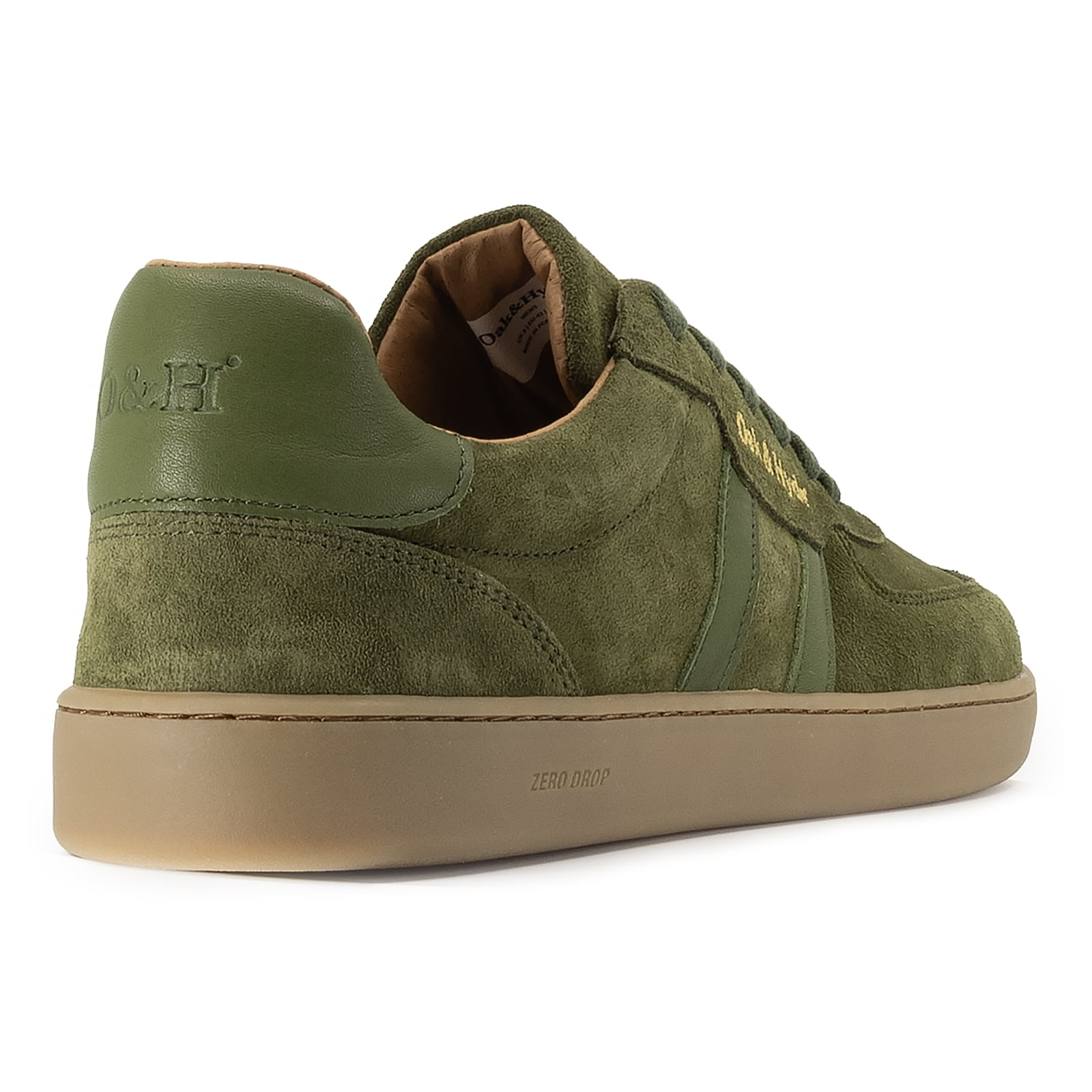 heel view angle of mens larch barefoot trainers in green showing panel detailing