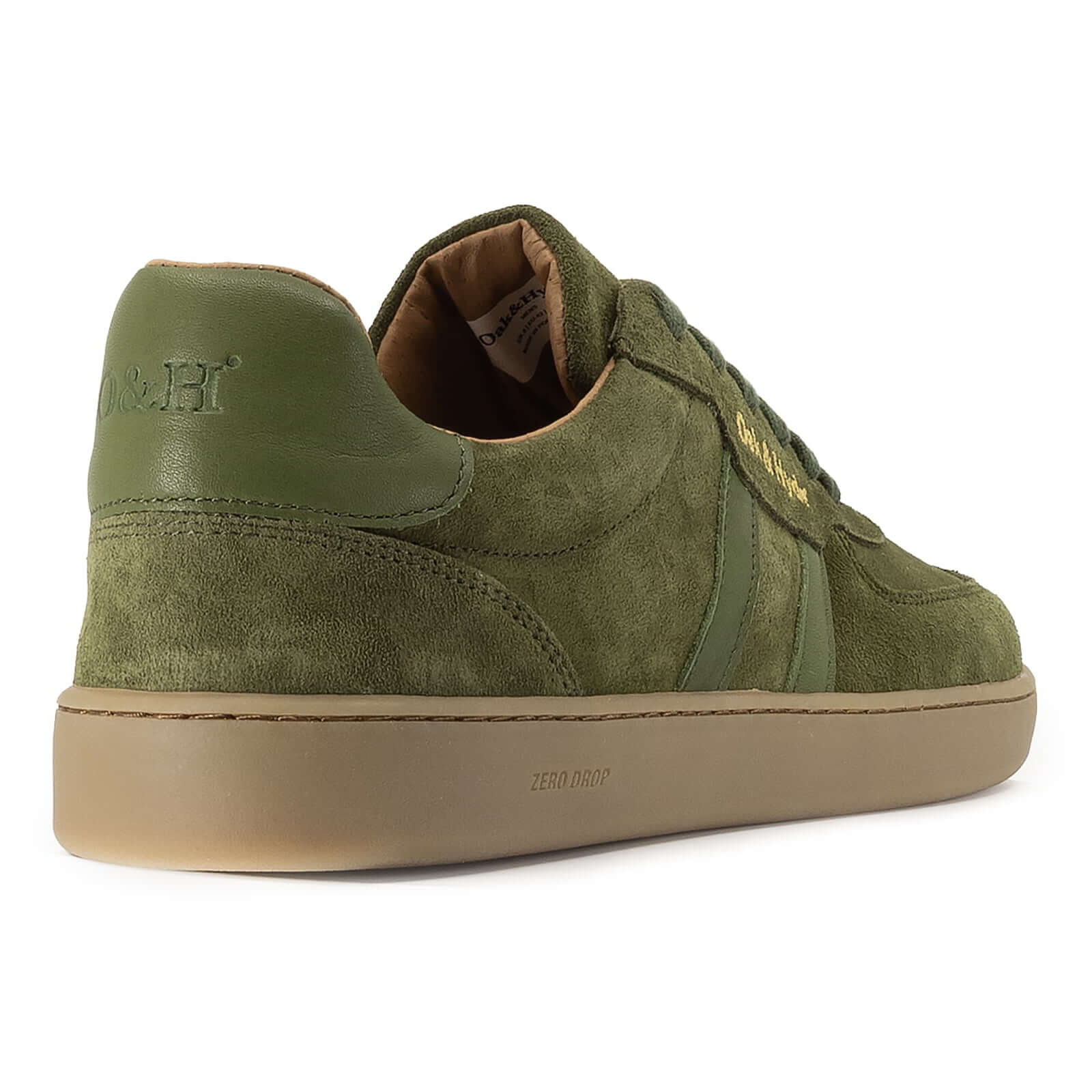heel view angle of mens larch barefoot trainers in green showing panel detailing