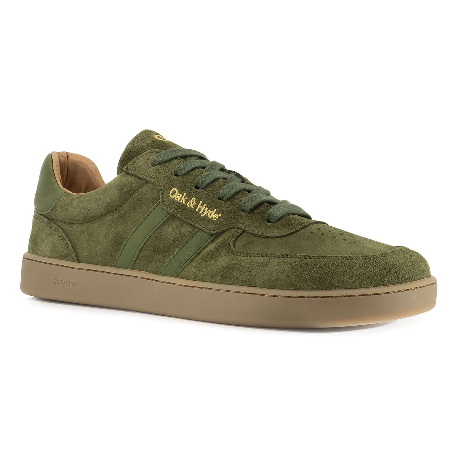side angled view of mens larch trainers in green showing stripe detail and branding