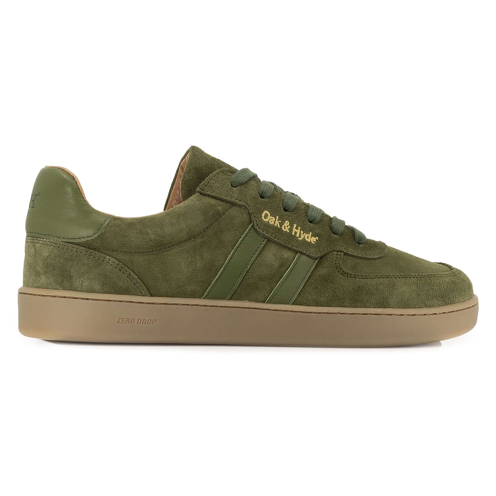 Side profile view of Mens larch barefoot trainers in green showing suede leather upper