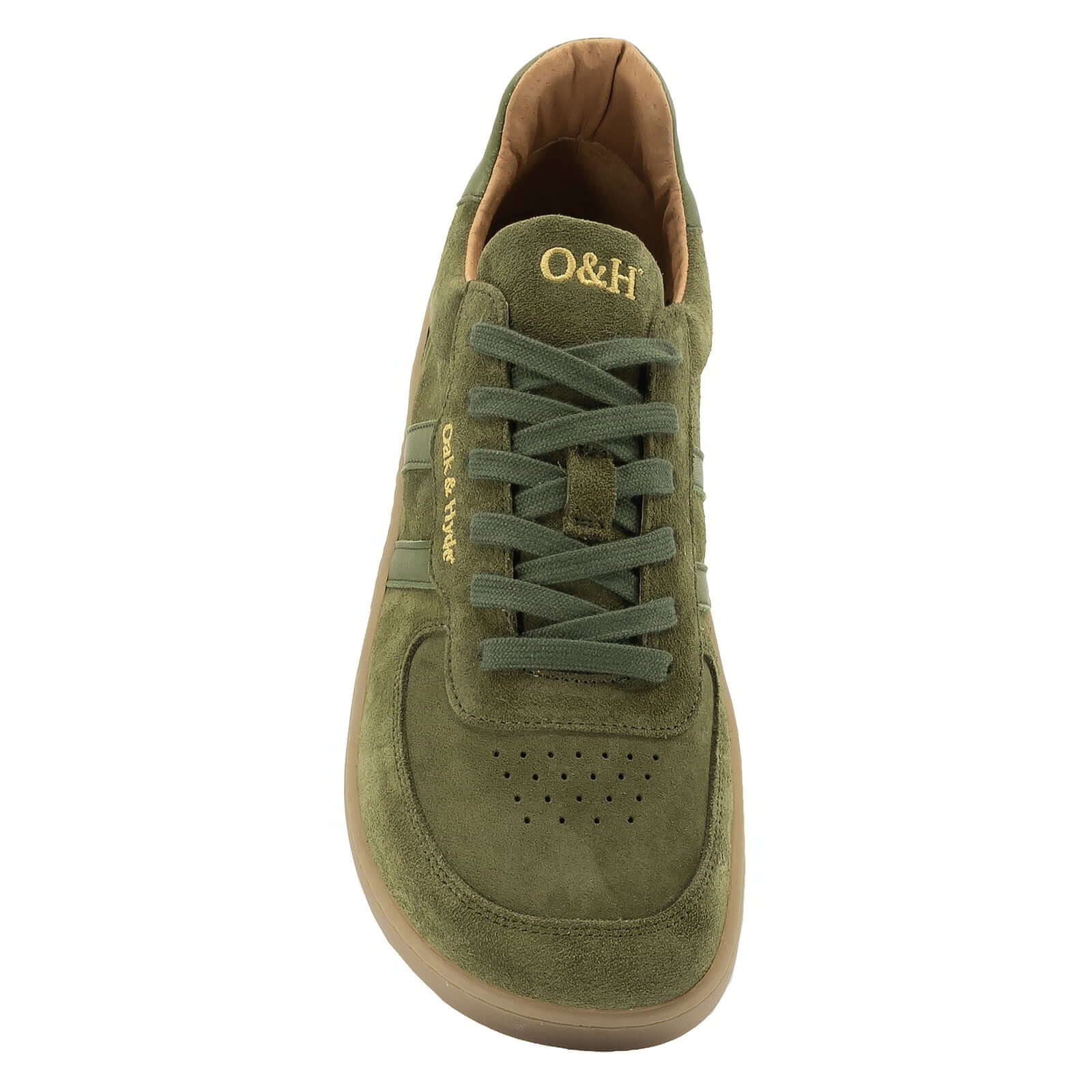 view of mens larch barefoot trainers in green showing the toe shape