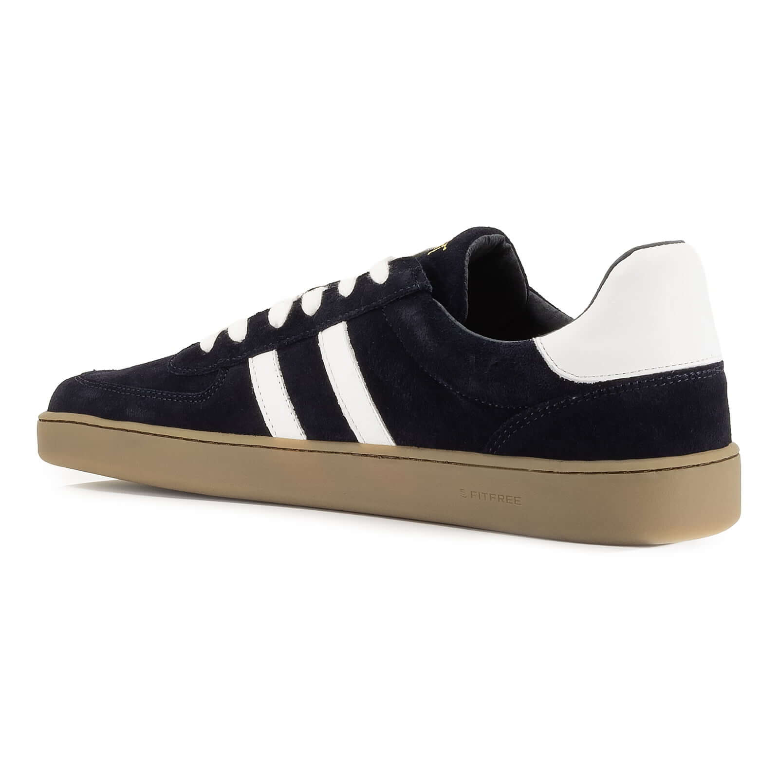 inside angled view of mens larch barefoot trainers in navy highlighting logo on heel