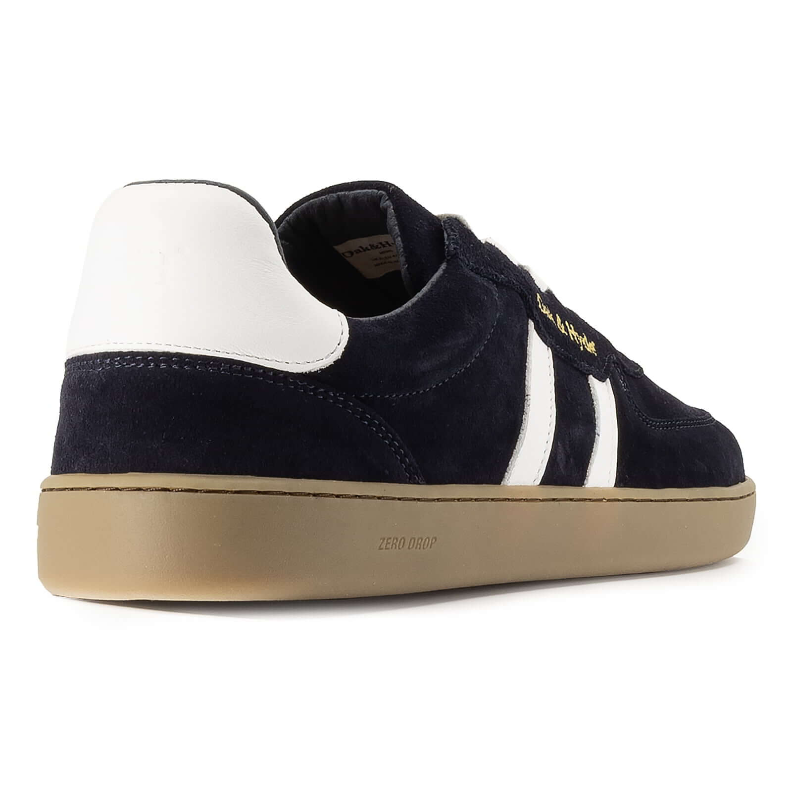 heel view of mens larch barefoot trainers in navy showing heel panel detailing