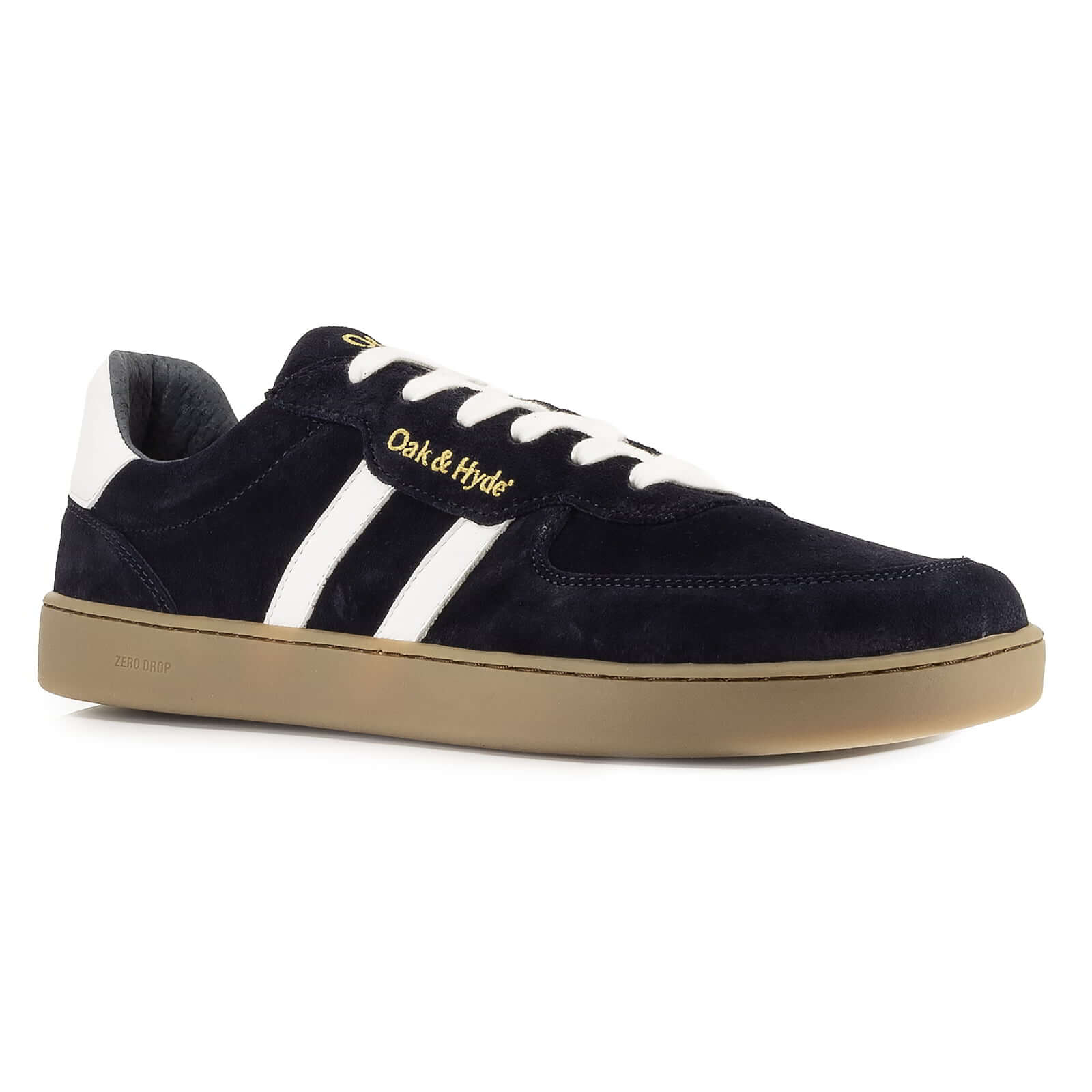 side angled view of mens larch barefoot trainers in navy showing stripe panel detailing and branding
