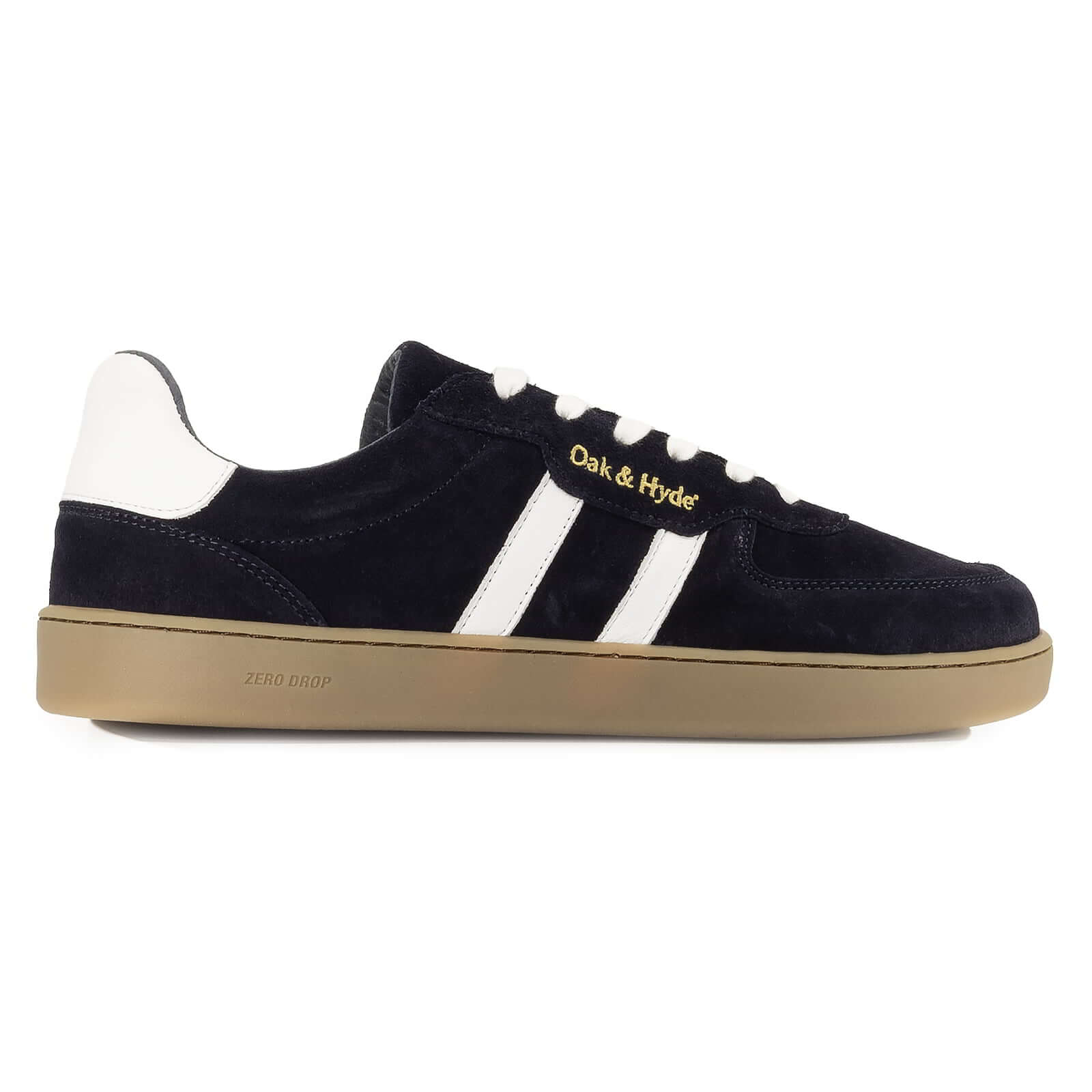 side profile view of mens larch barefoot trainers in navy showing suede leather upper
