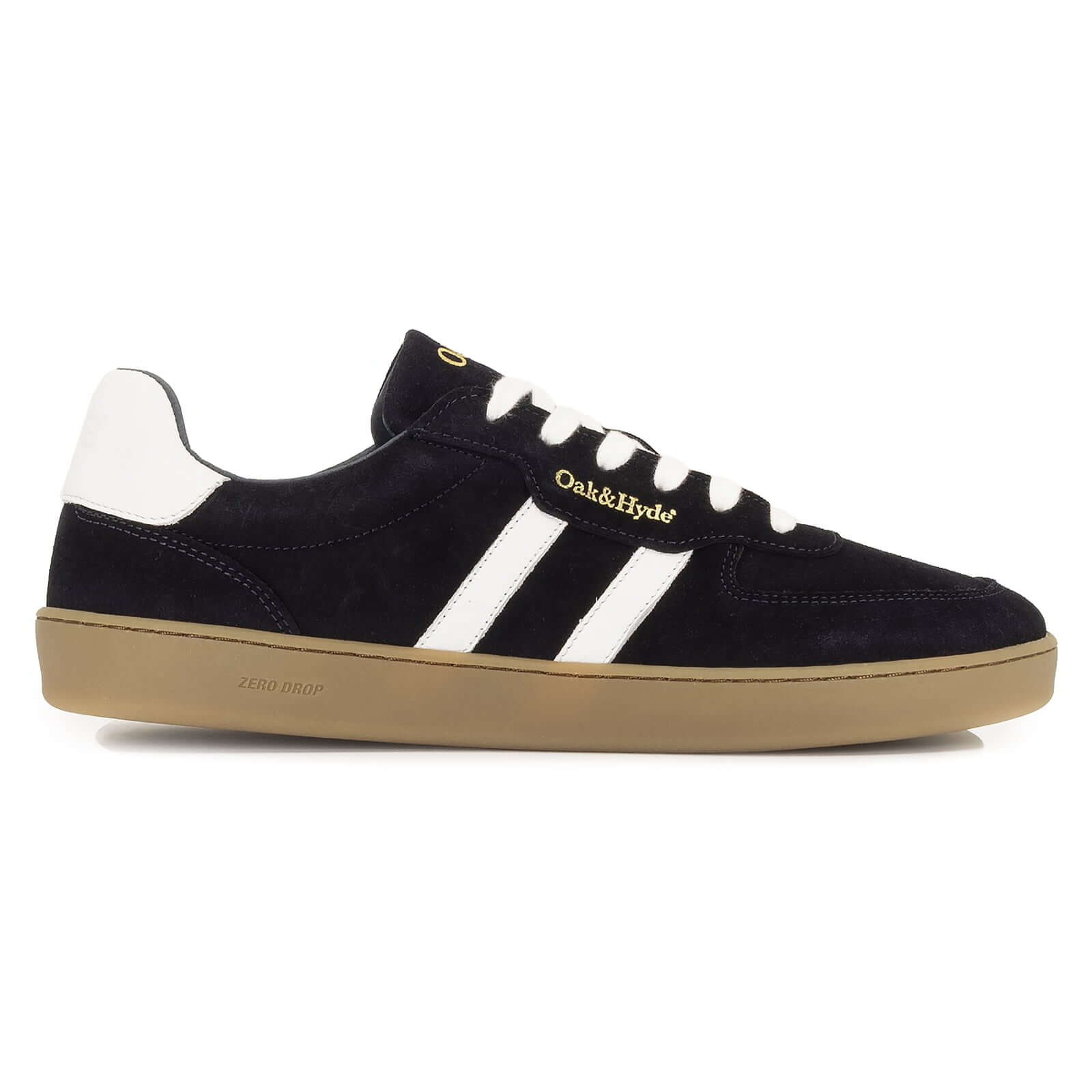 side profile view of mens larch barefoot trainers in navy showing suede leather upper