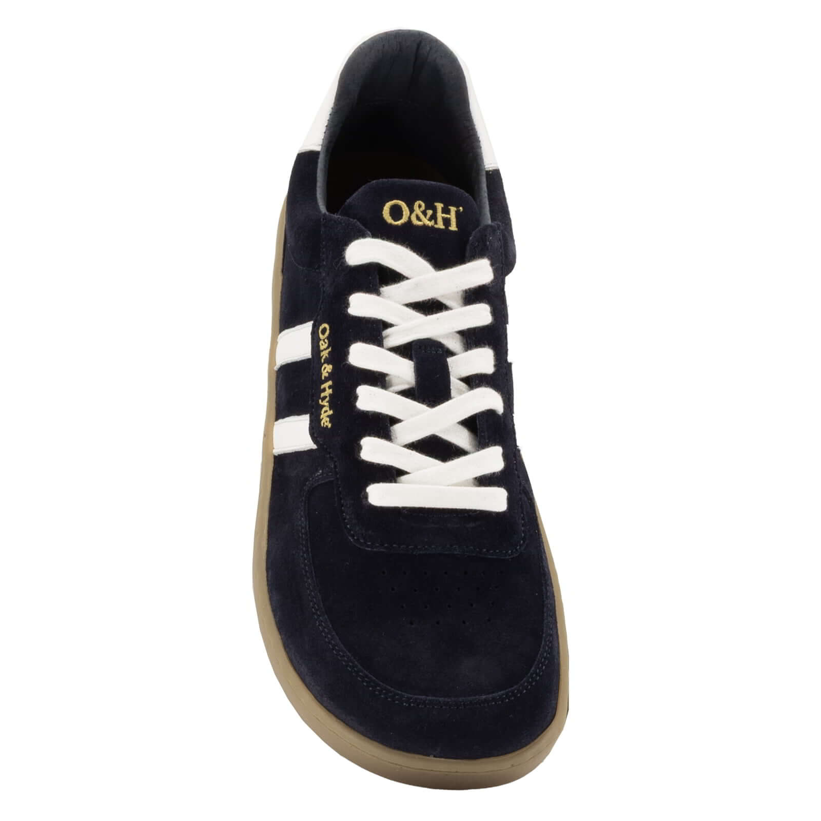 view of the mens larch trainer in navy howing the toe box shape