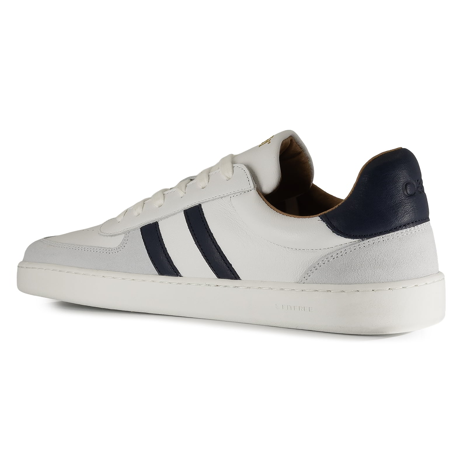 inside angled view of mens larch barefoot trainers in white highlighting logo on heel