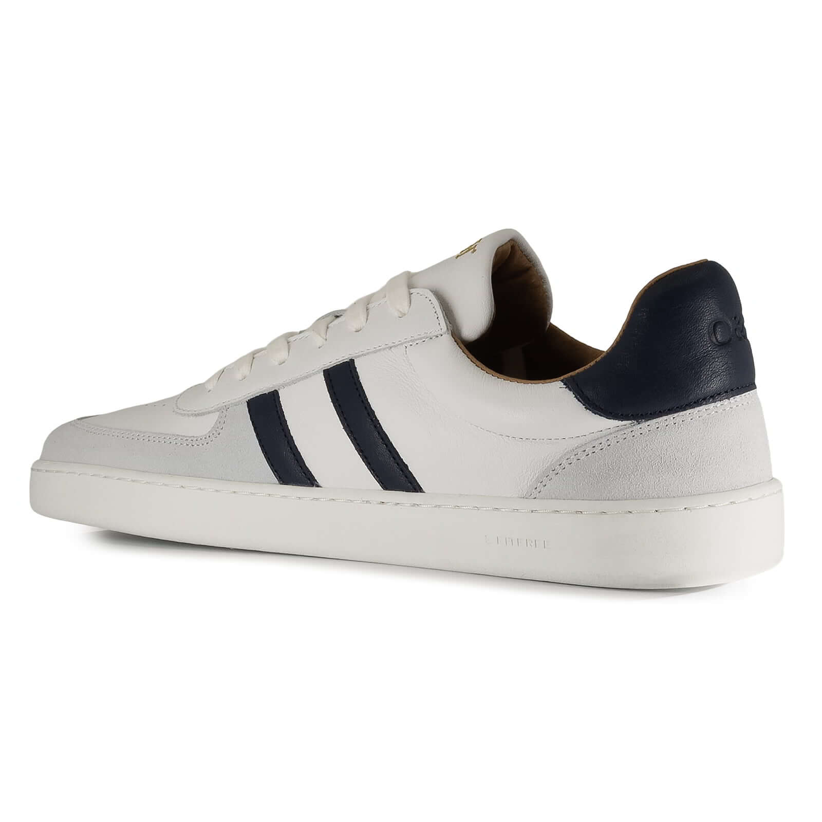 inside angled view of mens larch barefoot trainers in white highlighting logo on heel