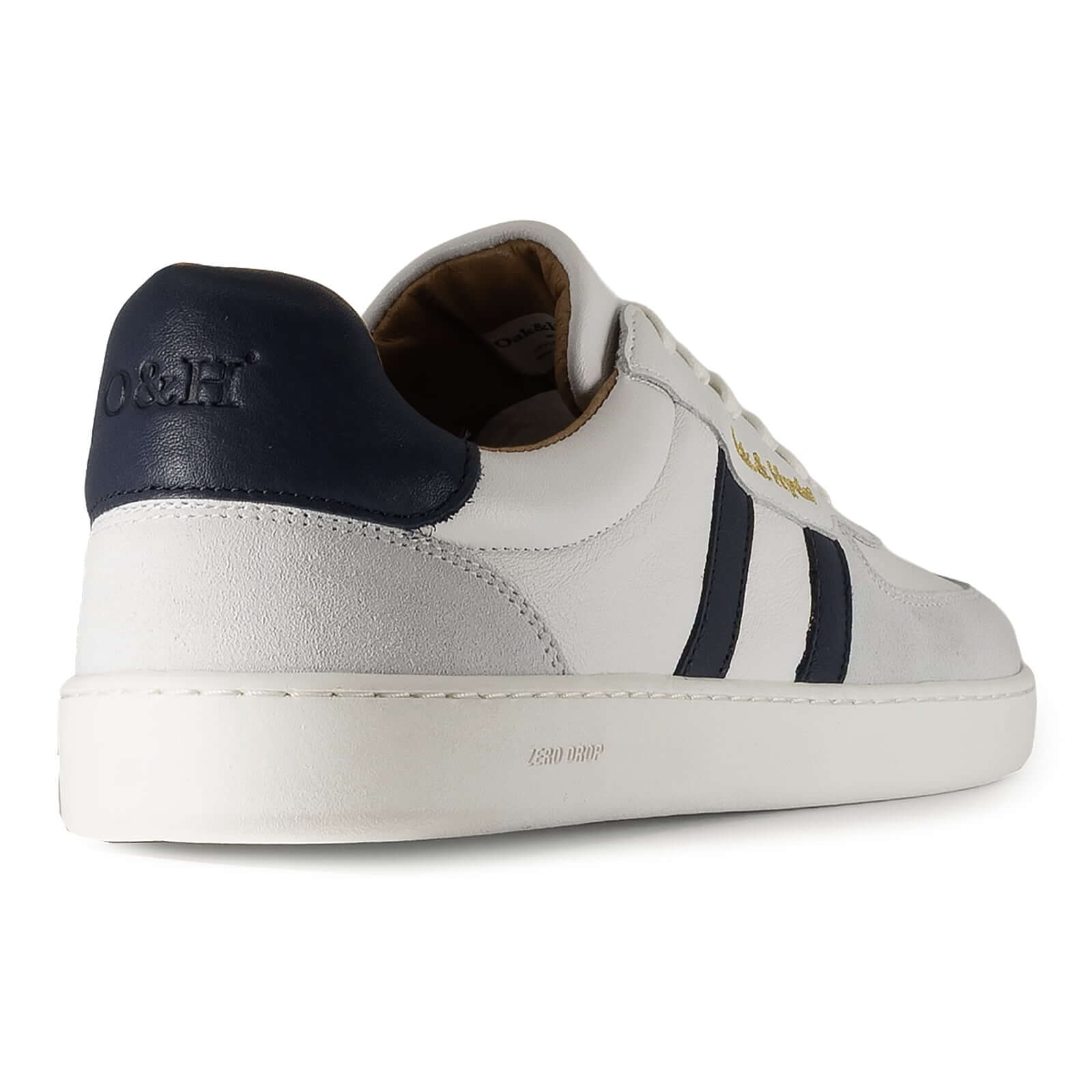 heel view of mens larch barefoot trainers in white showing heel panel detailing