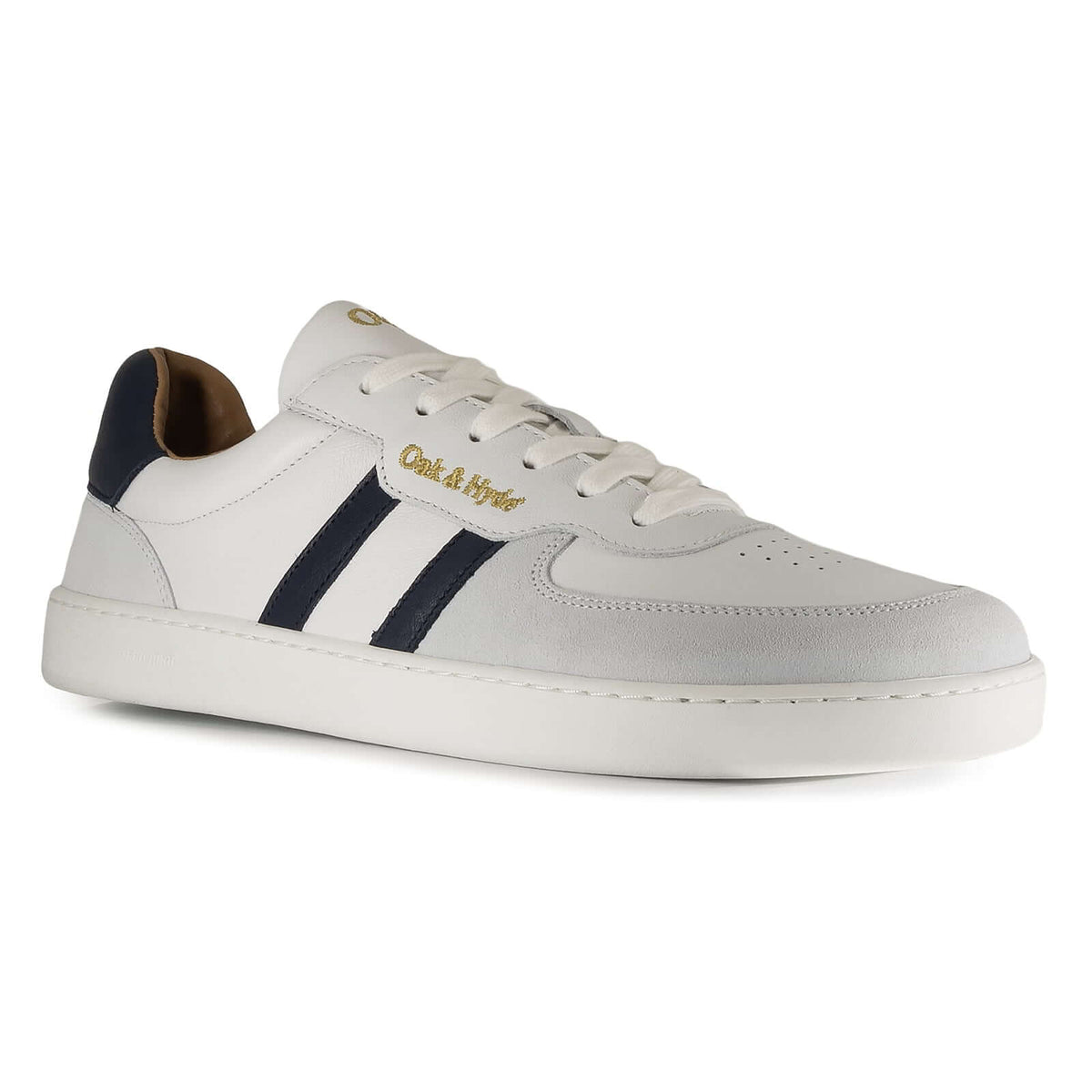 side angled view of mens larch barefoot trainers in white showing stripe detailing and logos