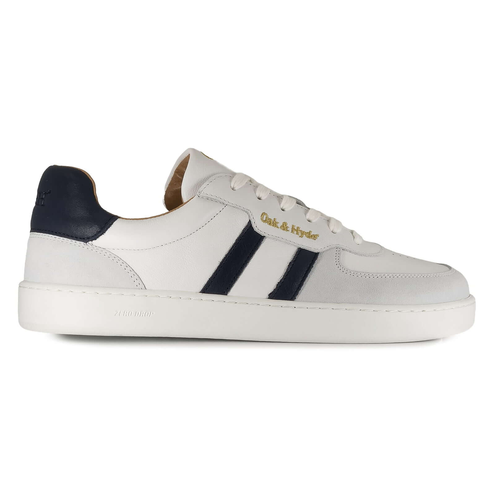 side profile view of mens larch barefoot trainers in white navy showing leather upper