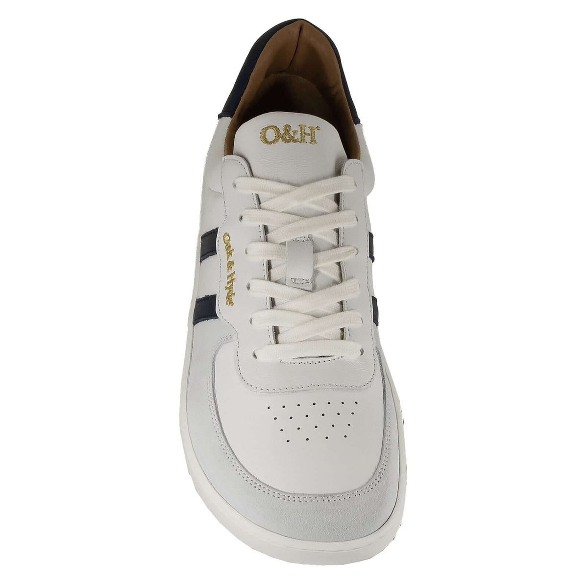view of the mens larch barefoot trainer in white showing the toe box shape