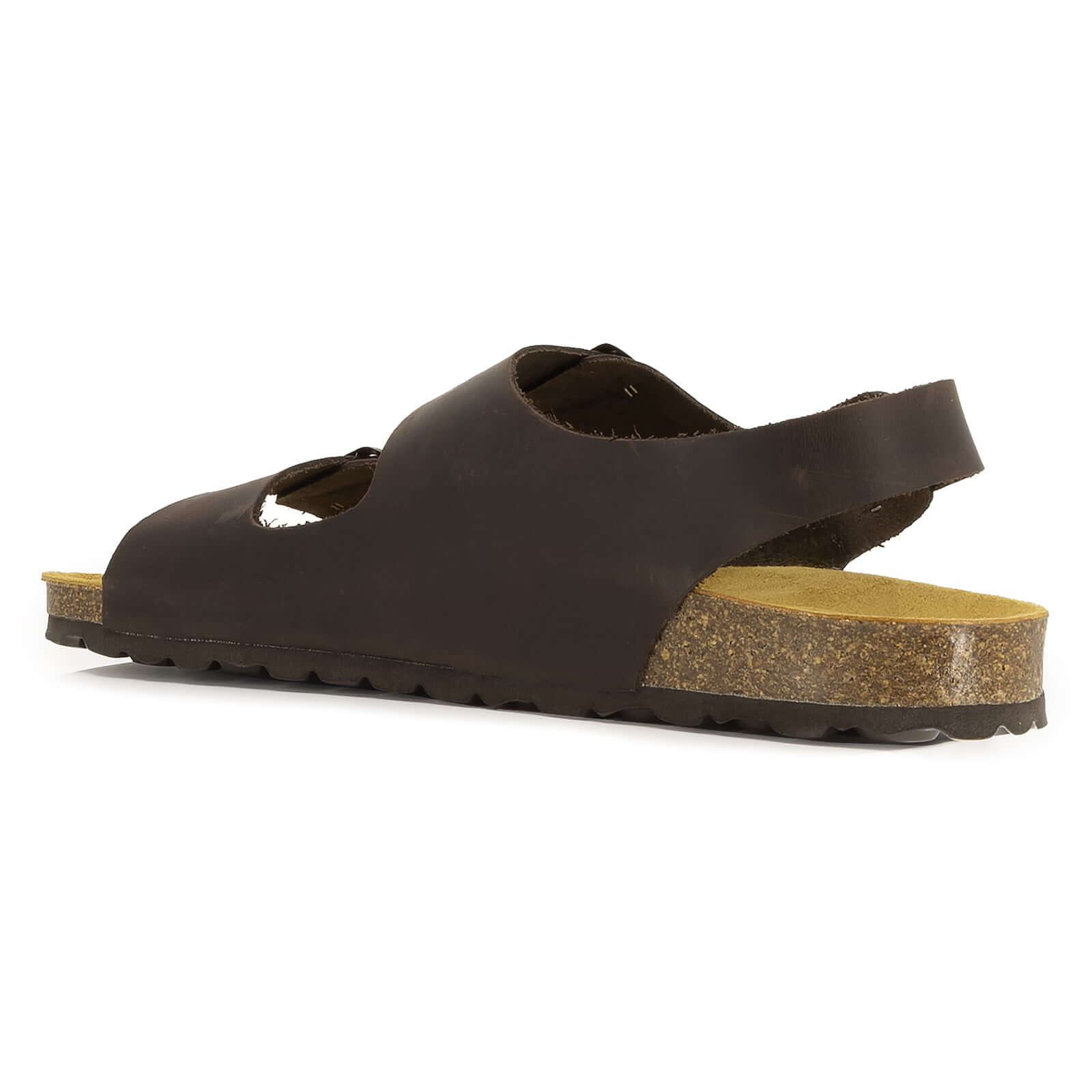 side view of dark brown oak & hyde malaga back strap sandals showing supportive heel strap and leather upper