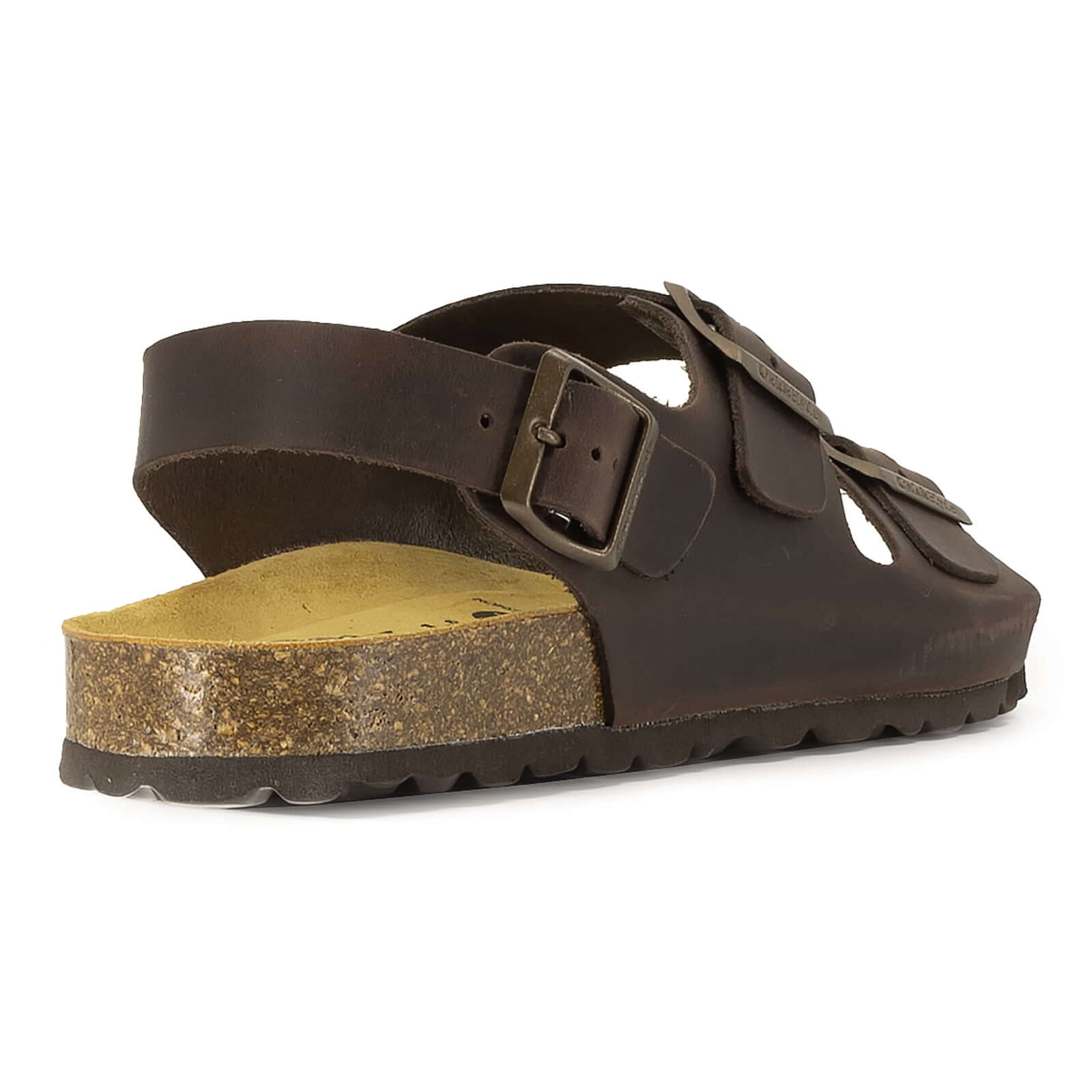 rear angle view of dark brown oak & hyde malaga back strap sandals showing adjustable heel strap and cork sole